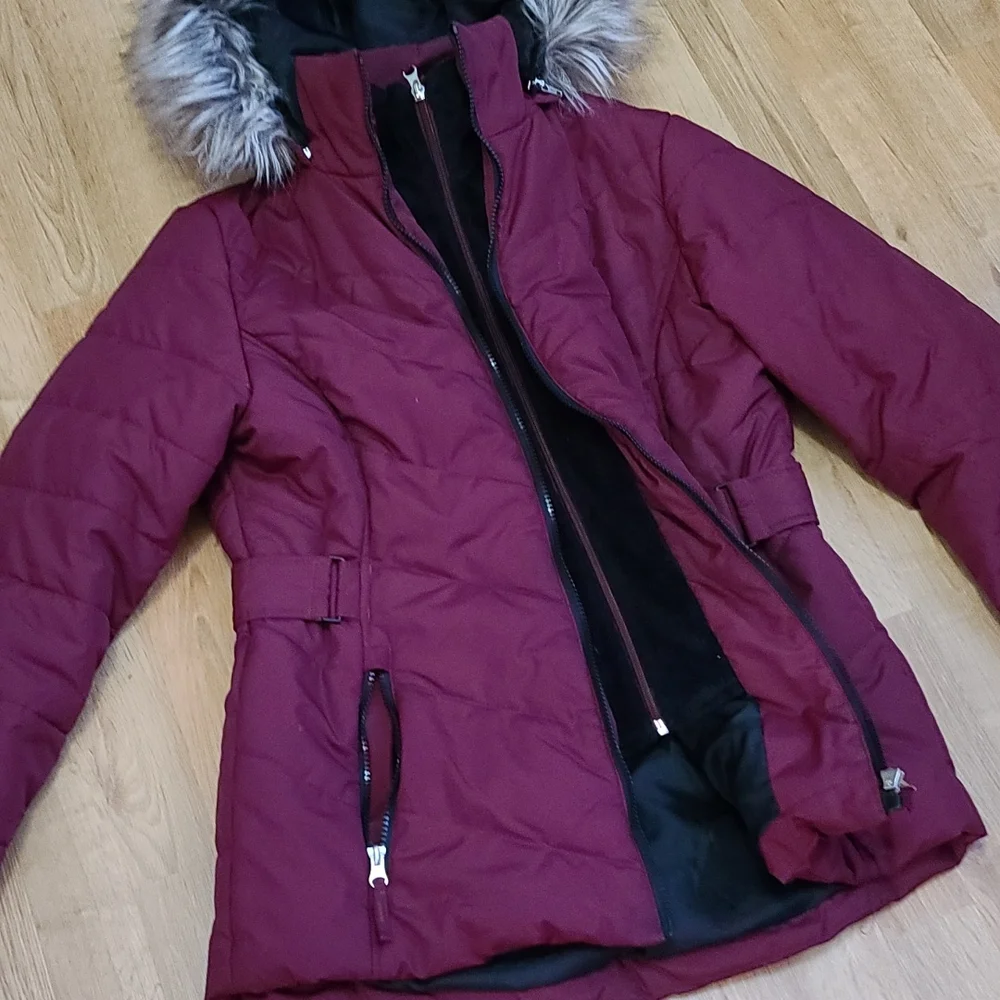 Free Country puffer coat w removable zipper fur hoodie maroon color size small - Picture 2 of 12